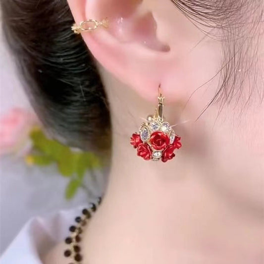 Women's Blossoming Flower Basket Red Rose Earrings